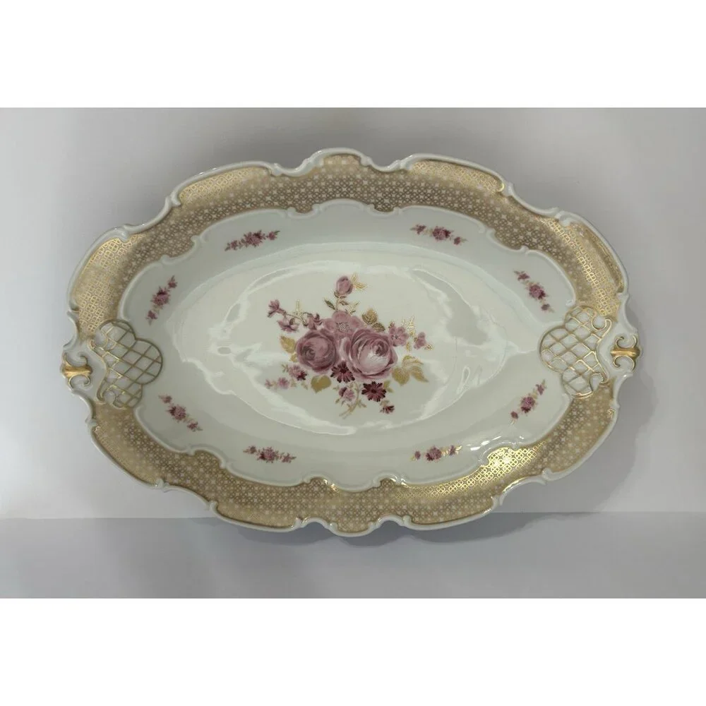 Wallendorf 1764 Oblong Rose Pink and Gold Dish Porcelain Germany 13x9 Inches - Picture 1 of 10